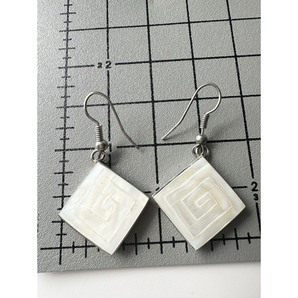 Mother Of Pearl Greek Key Dangle Earrings Silver Tone